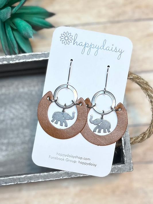 Elephant Charm on Brown Leather and Metal Open Circle Earrings