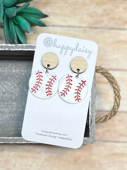 Baseball Leather Earrings with Wood Studs