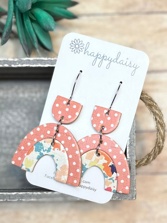 Peach Polka Dot and Multicolor Cork on Leather Double Arch Earrings