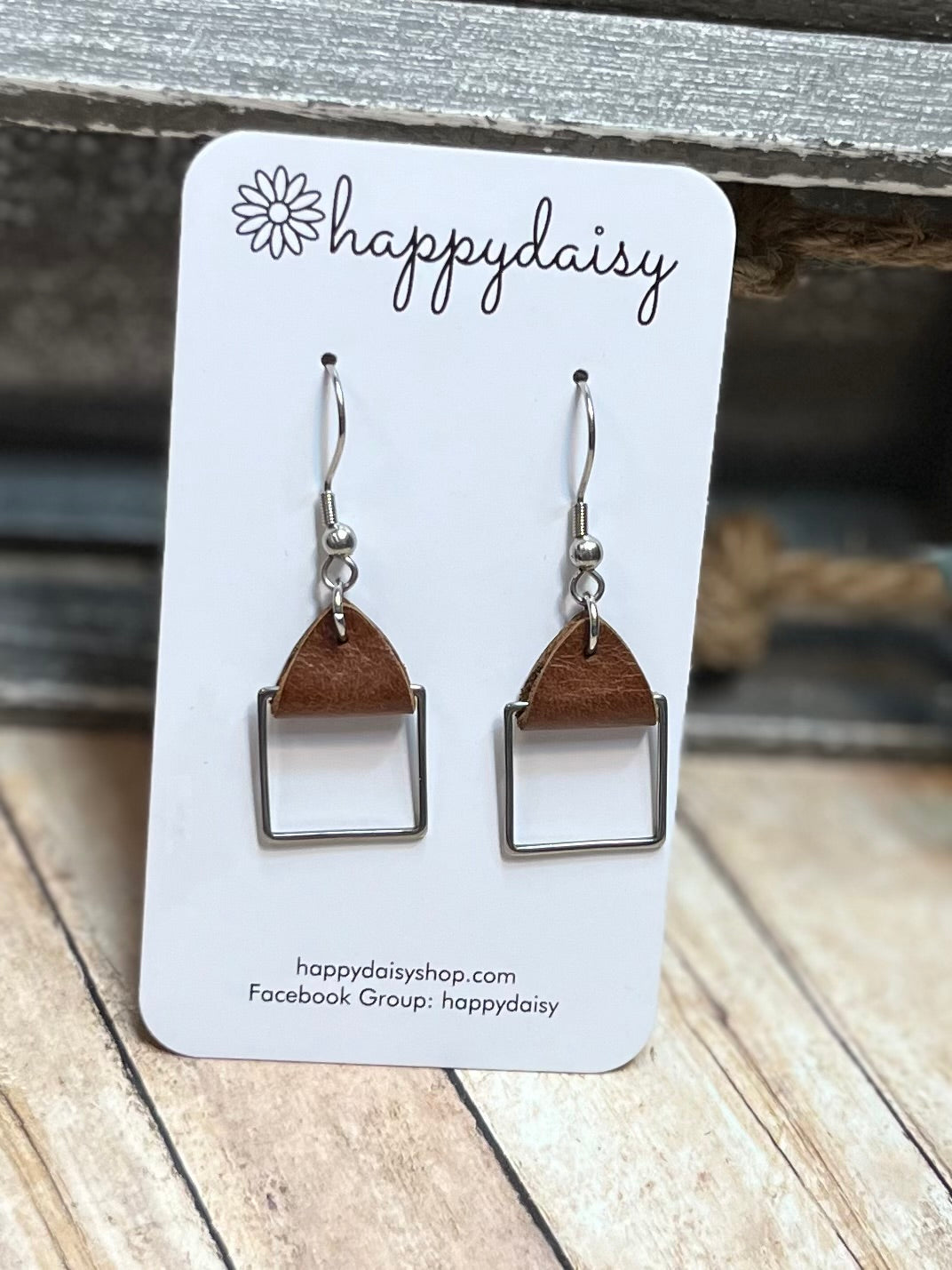 Stainless Steel Square "Mini Hoops" Earrings with Leather Tabs