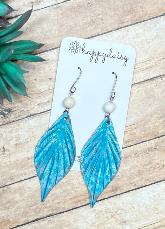 Turquoise "Gladys" Fringe Feather Veg Tan Leather Earrings 3.5"