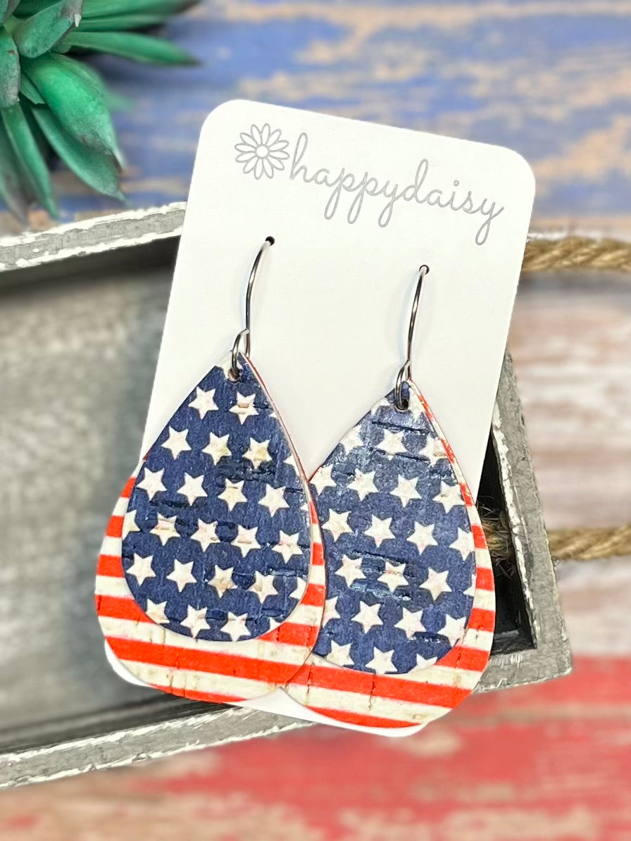 Patriotic Stars and Stripes Layered Cork on Leather Teardrop Earrings