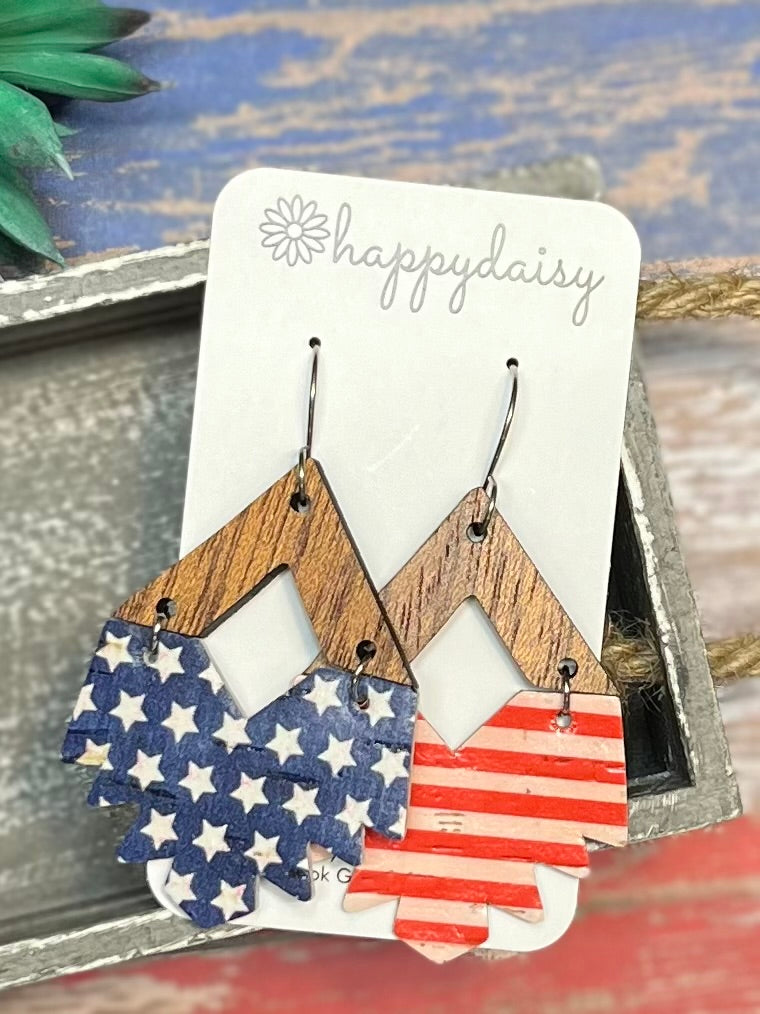 Patriotic Stars and Stripes Cork on Leather Southwest Aztec Earrings