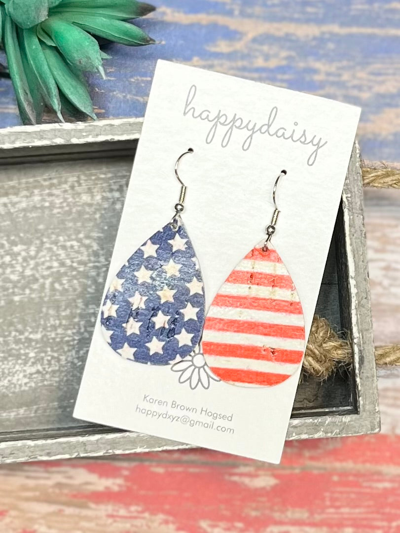 Patriotic Stars and Stripes Rustic Cork on Leather Teardrop Earrings