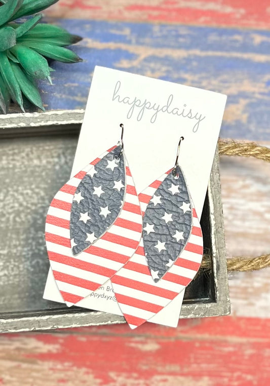 Patriotic Stars and Stripes Leaf-Shaped Layered Leather Earrings