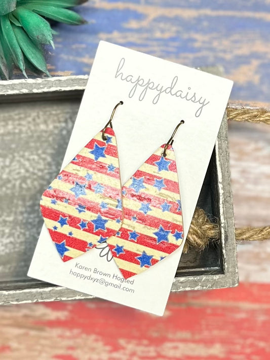 Patriotic Stars and Stripes Rustic Cork on Leather Pointed Teardrop Earrings