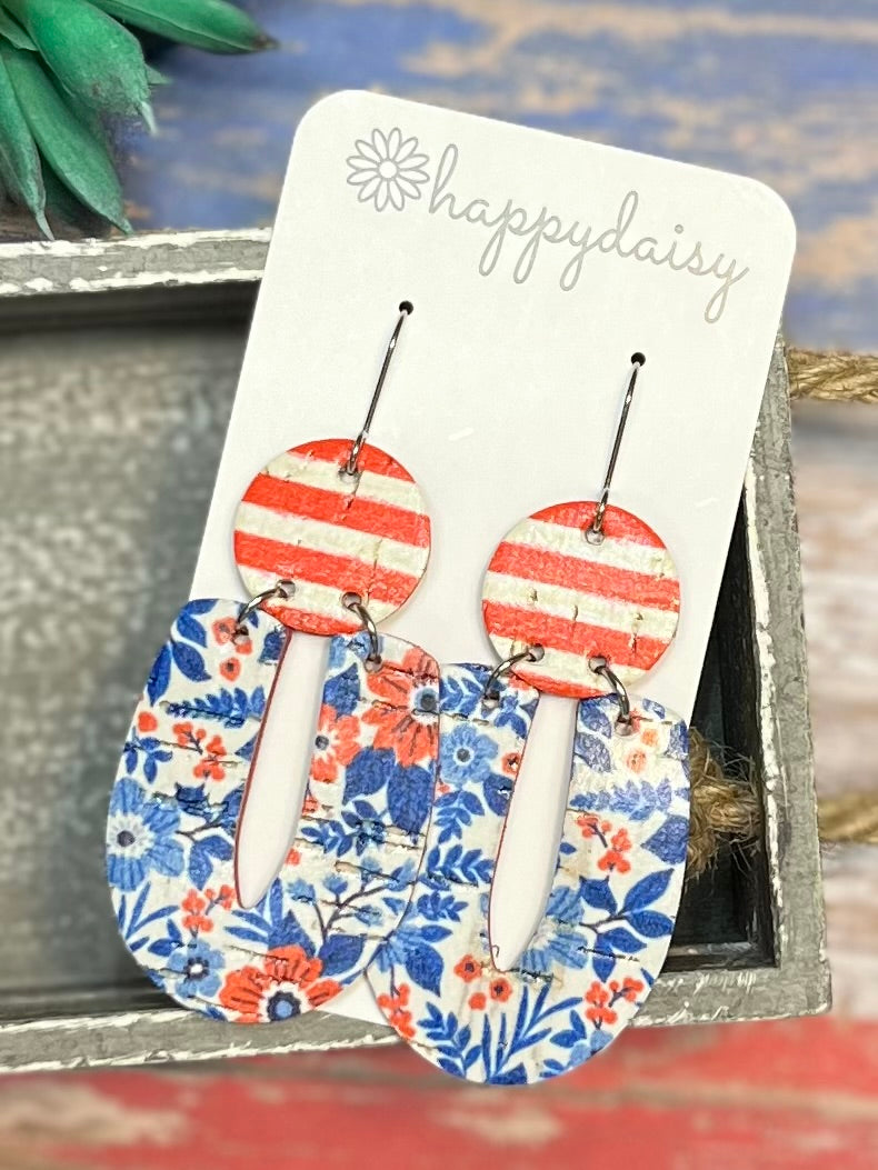 Patriotic Floral Red, White, and Blue Rustic Cork on Leather Earrings