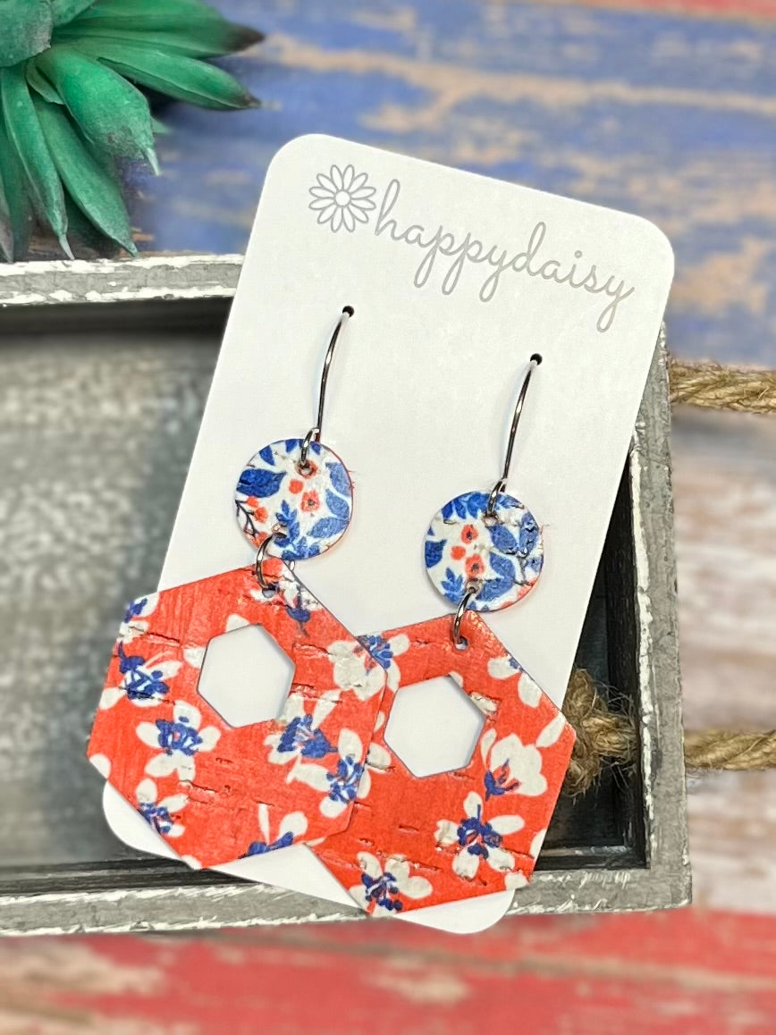 Patriotic Floral Print Red, White, Blue Cork on Leather Geometric Earrings