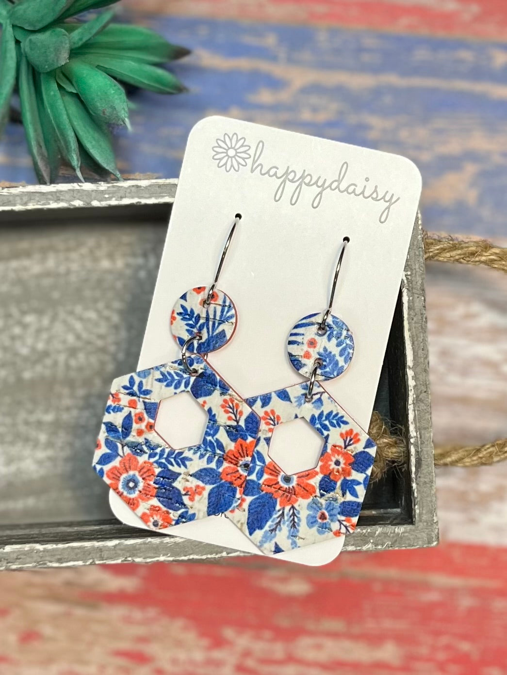 Patriotic Red and Blue Floral Print on White Cork on Leather Geometric Earrings