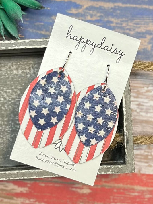 Patriotic Stars and Stripes Leaf-Shaped Layered Leather and Cork on Leather Earrings