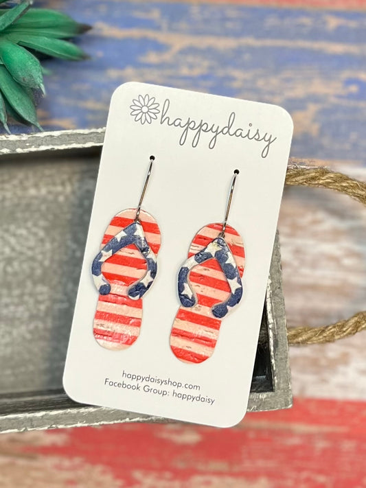 Patriotic Stars and Stripes Flip Flop Cork on Leather Earrings