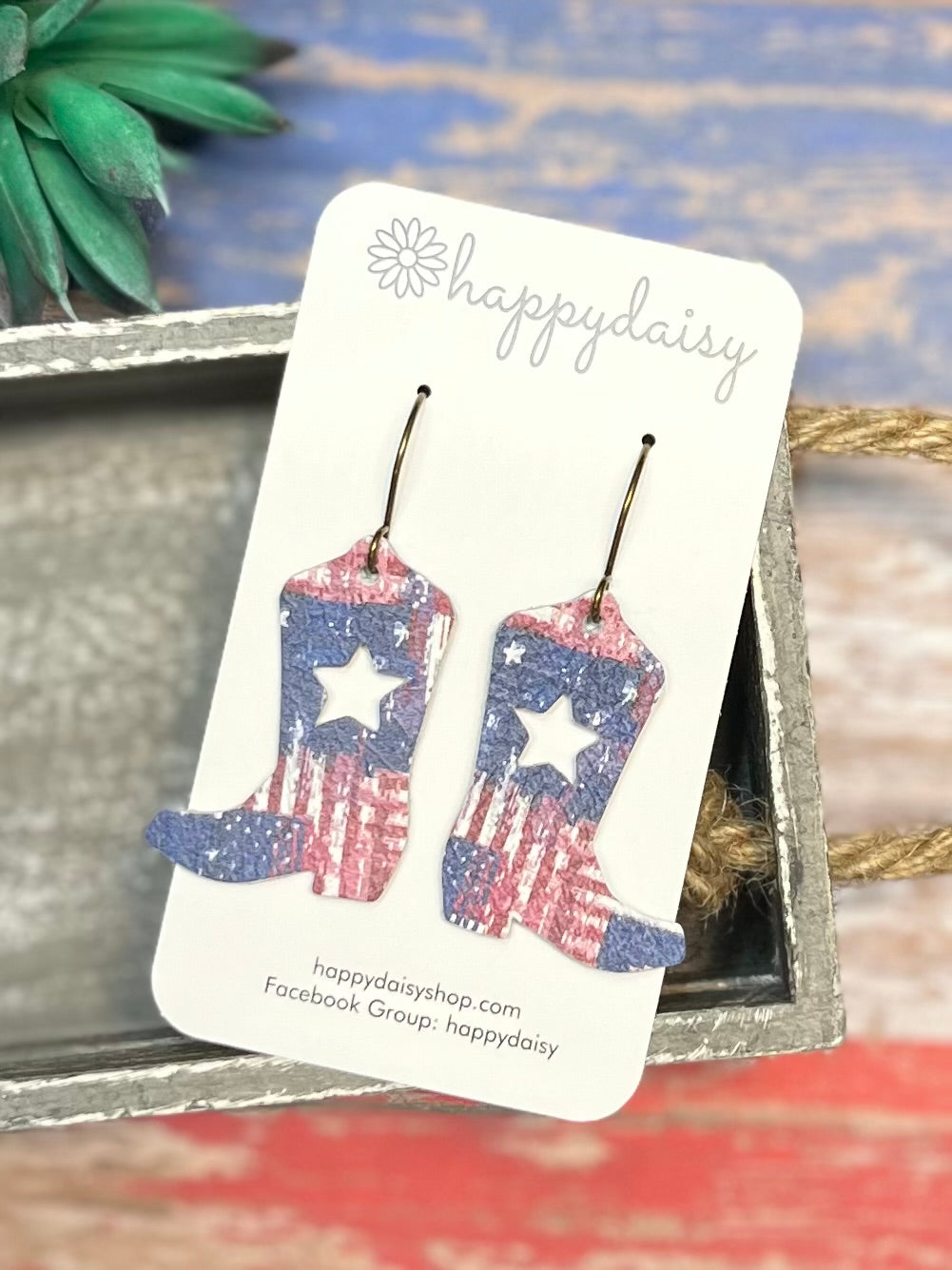 Patriotic Rustic Print Cowboy Boots Leather Earrings