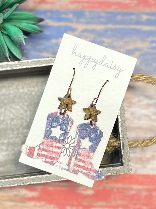 Patriotic Rustic Print Cowboy Boots Leather Earrings with Wooden Star Connectors