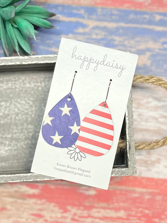 Patriotic Stars and Stripes Leather Teardrop Earrings