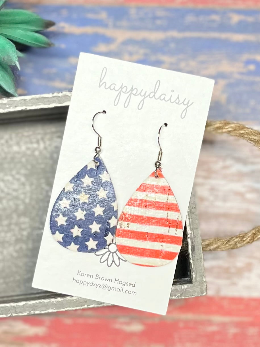 Patriotic Stars and Stripes Rustic Cork on Leather Teardrop Earrings