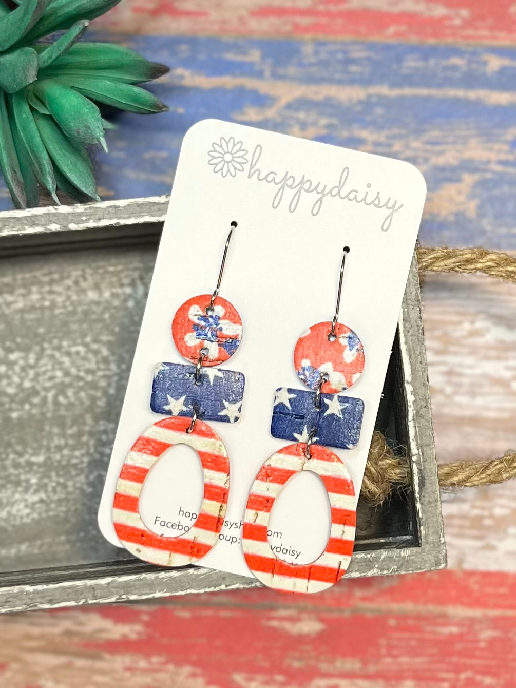 Patriotic Stars and Stripes Cork on Leather Earrings