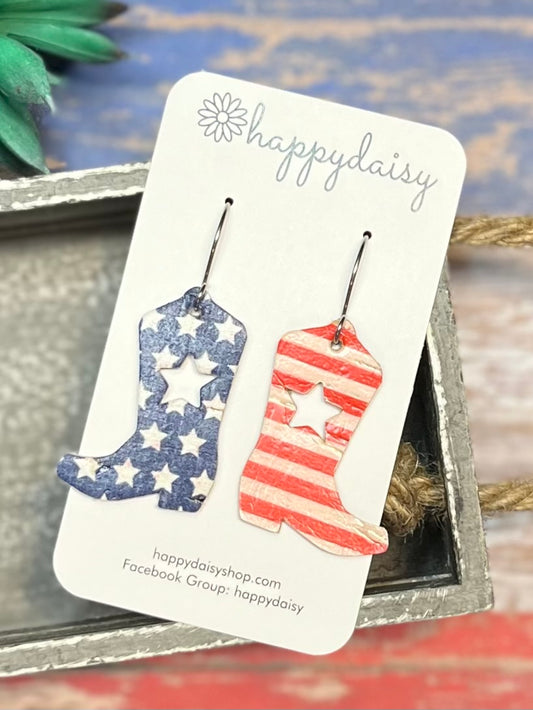 Patriotic Stars and Stripes Cowboy Boots Leather Earrings