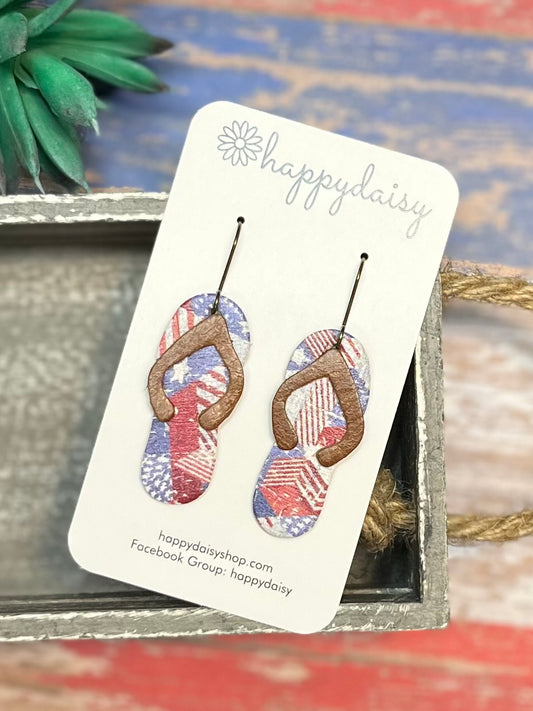 Patriotic Red White Blue Flip Flop Leather Earrings