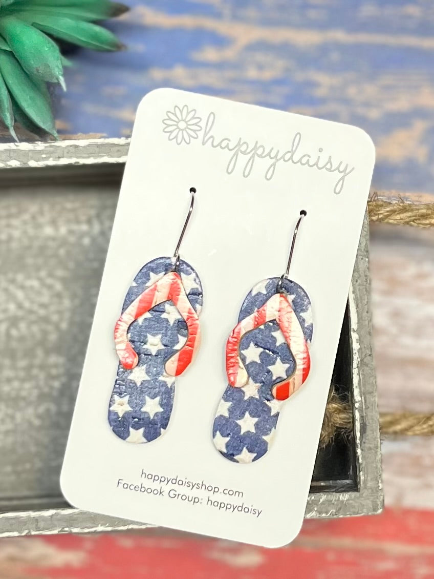 Patriotic Stars and Stripes Flip Flop Leather Earrings