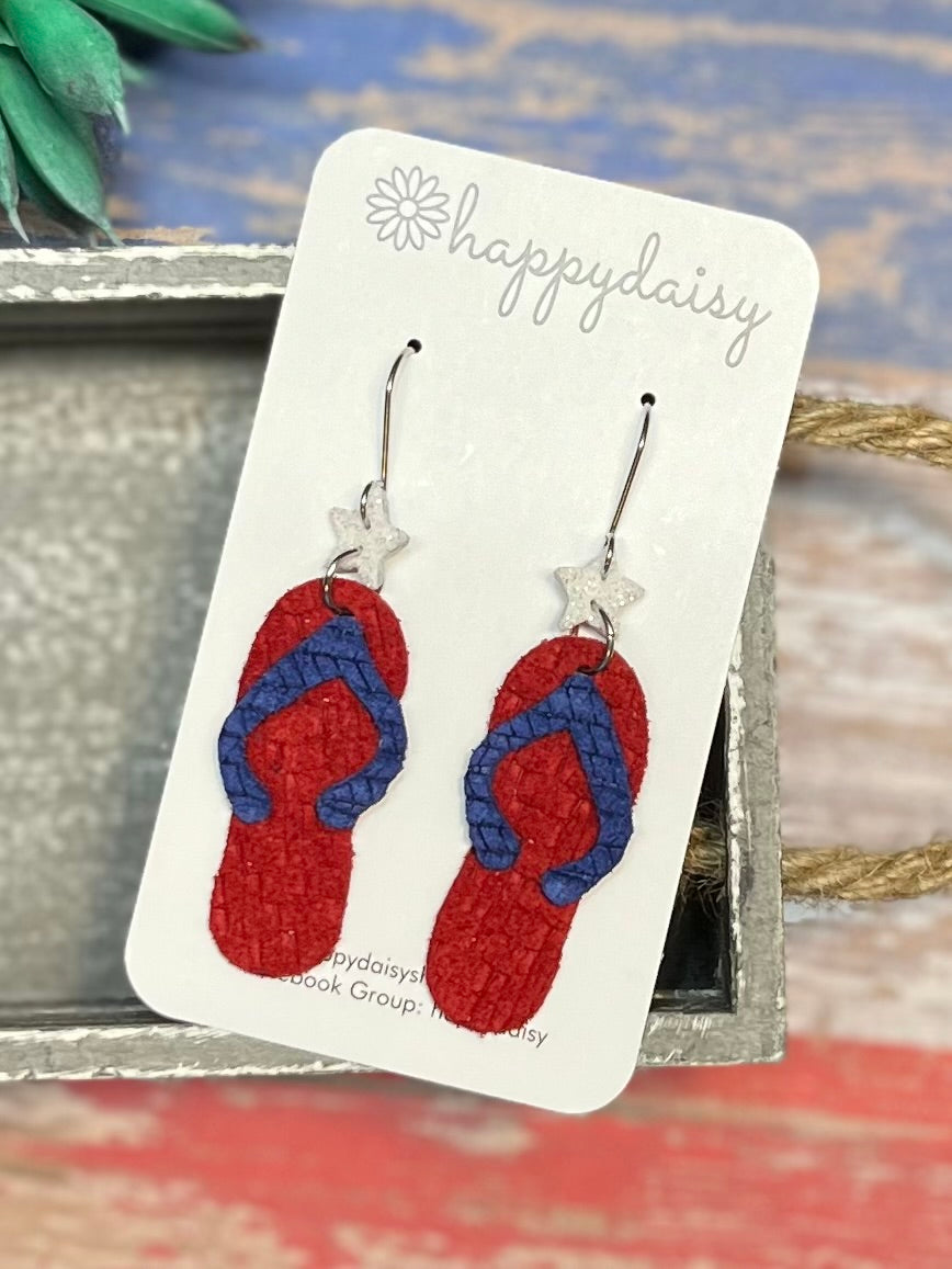 Patriotic Red, White, and Blue Flip Flop Leather Earrings