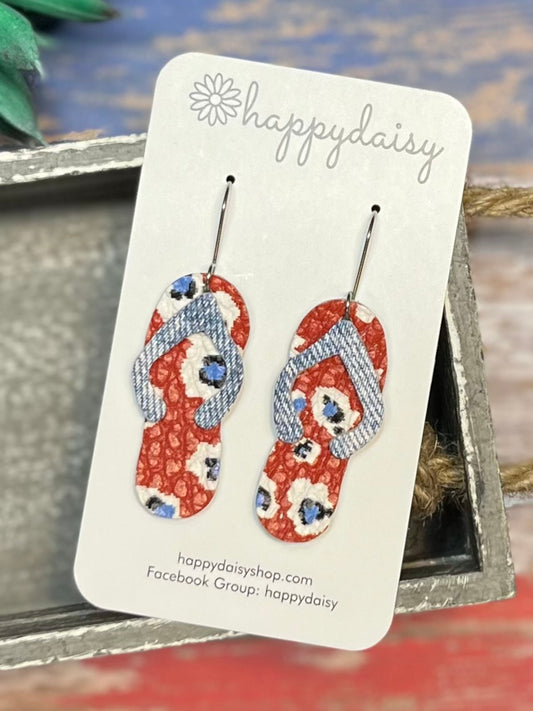 Patriotic Floral Print Flip Flop Leather Earrings