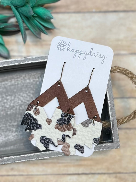 Cow Print Tri-Color Brown, Black, White Leather Southwest Aztec Earrings