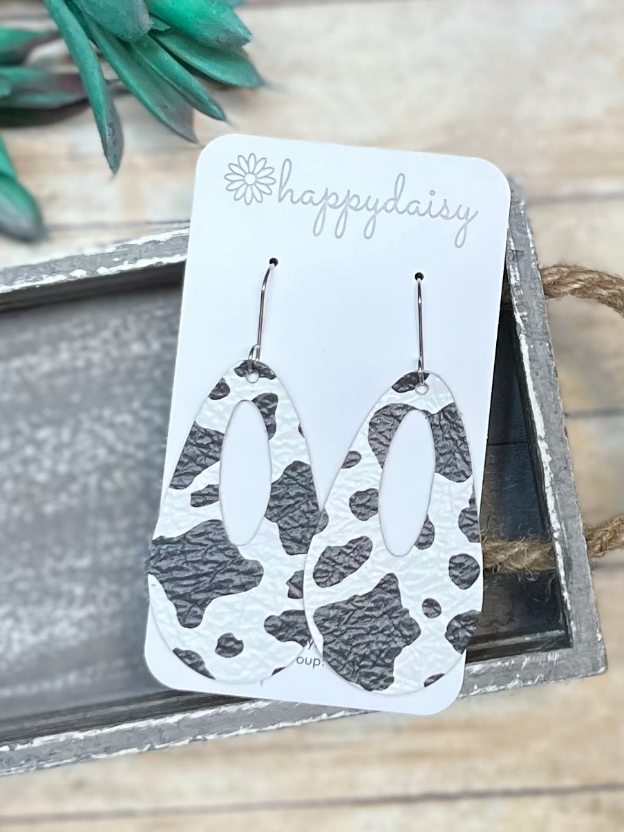 Cow Print Leather Open Teardrop "Jessie" Earrings in Black and White