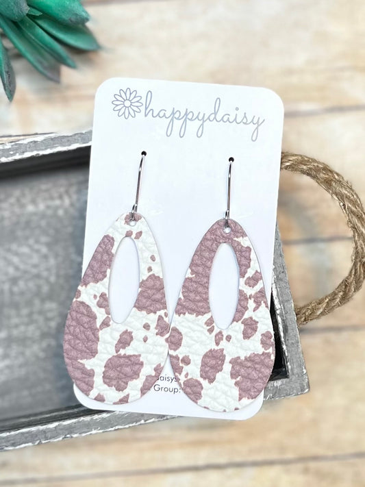 Cow Print Brown and White Leather Open Teardrop "Jessie" Earrings