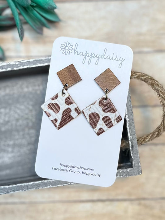 Cow Print Cork on Leather Embossed Diamond Shaped "Jimmie" Earrings in Brown and White