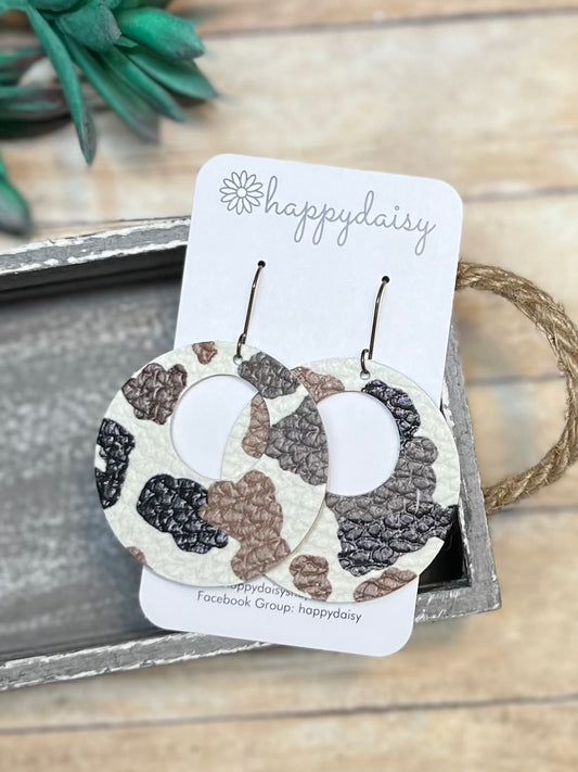 Cow Print Large "Mandy" Style  Leather Earrings in Browns, Black, and White