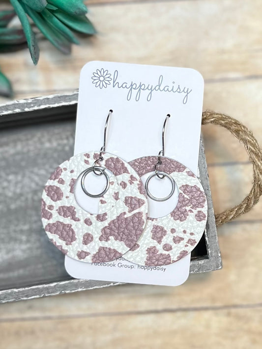 Cow Print Large "Mandy" Style Brown and White Leather Earrings with SS Circles
