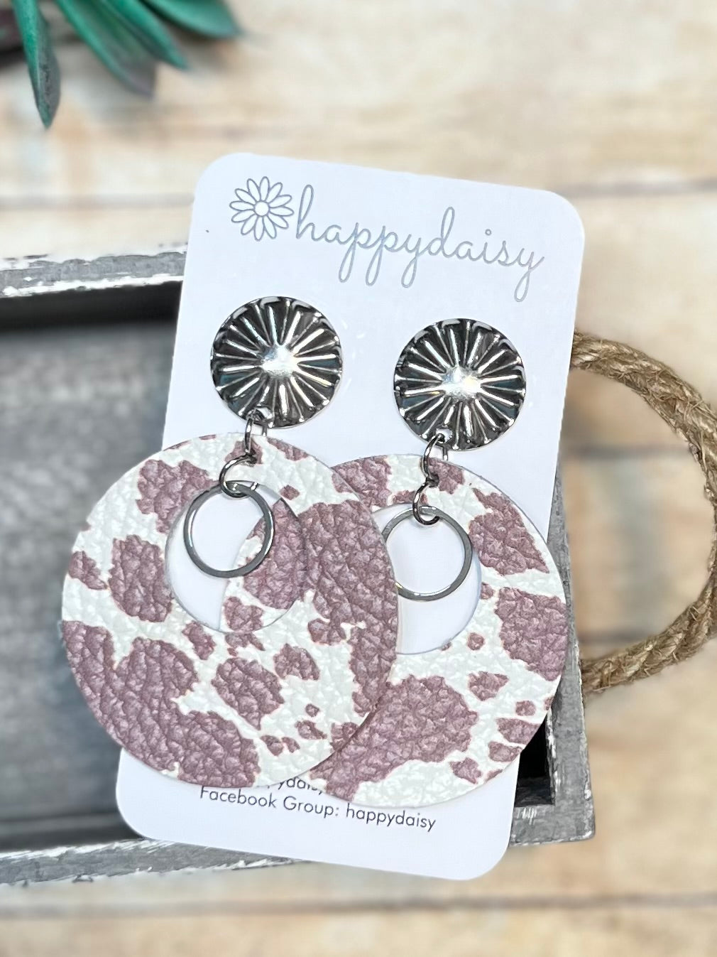 Cow Print Large "Mandy" Style Brown and White Leather Earrings with SS Circles and SS Stud Topper