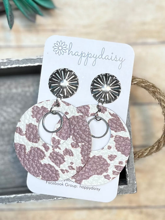 Cow Print Large "Mandy" Style Brown and White Leather Earrings with SS Circles and SS Stud Topper