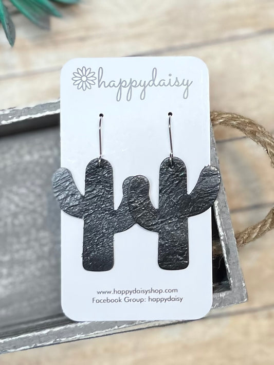 Cactus Black Leather Earrings