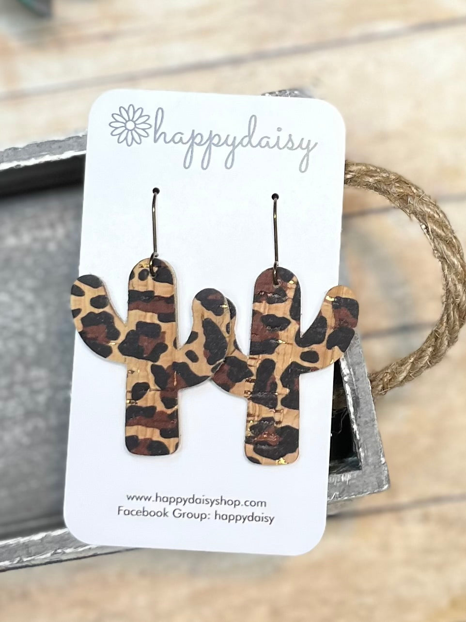 Cactus Animal Print Cork on Leather Earrings