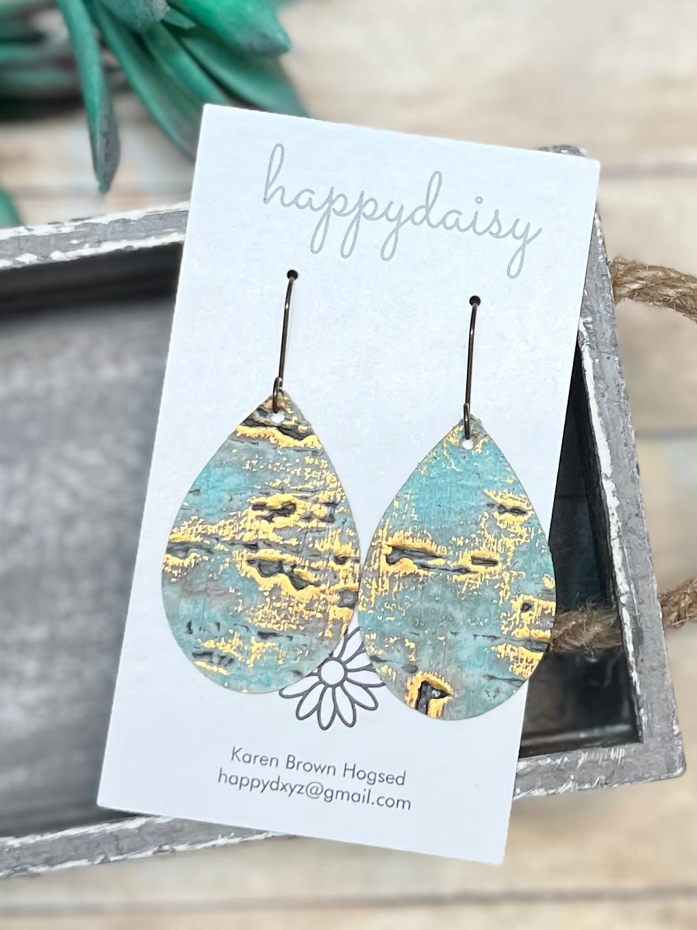 Turquoise and Gold Wildwood Embossed Leather Teardrop Earrings