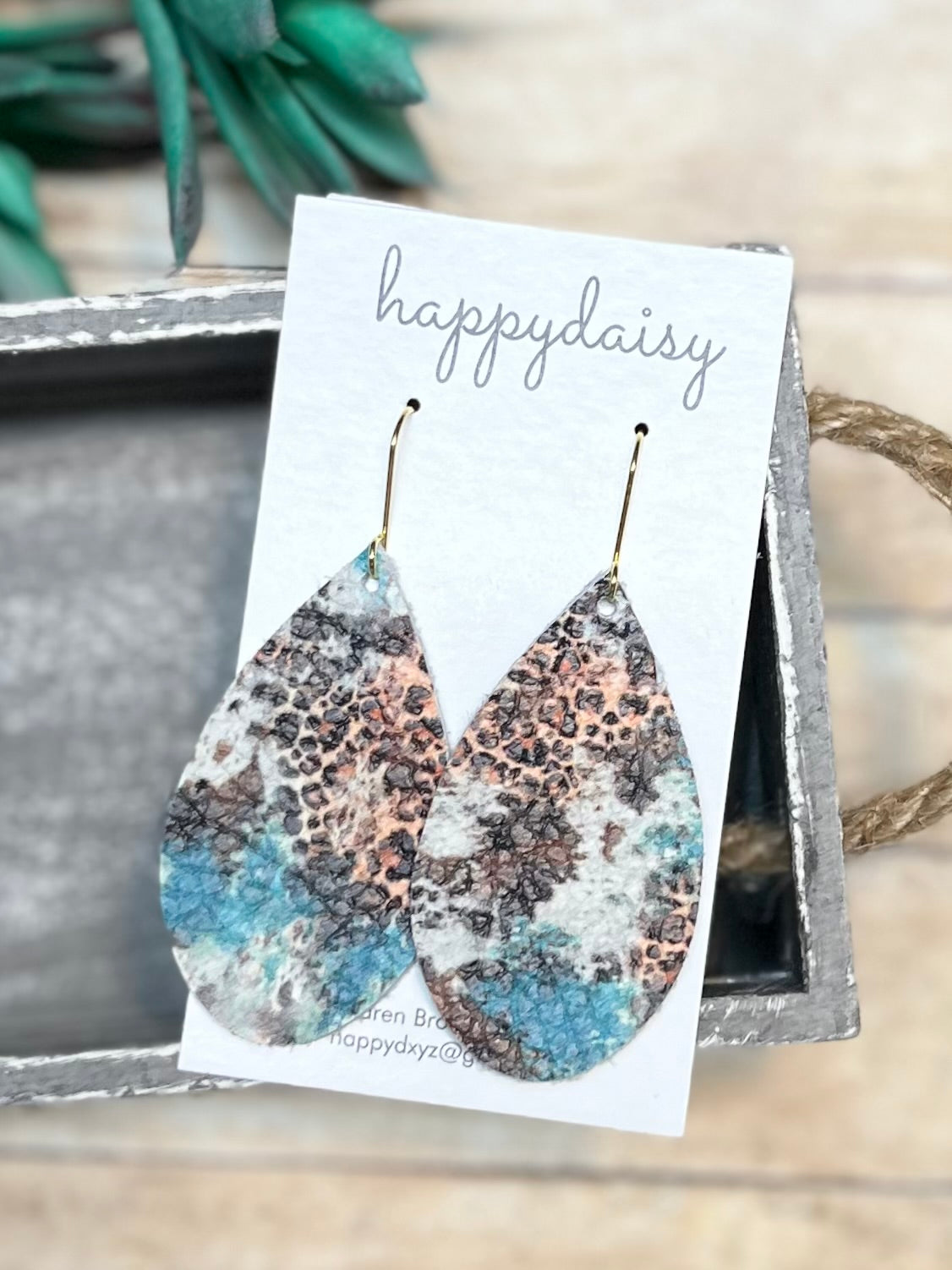 Leopard Print Turquoise Leather 2 1/2" Teardrop Earrings