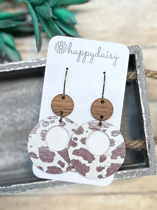 Cow Print Brown White Cork on Leather "Mandy" Earrings