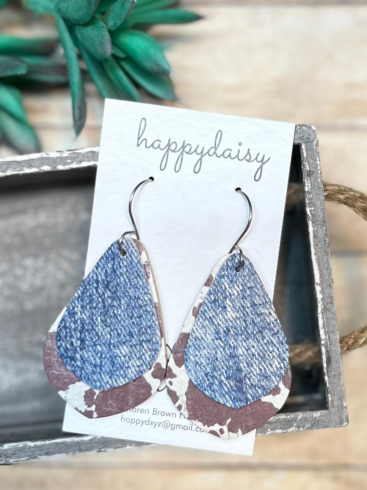 Denim and Cow Print Layered Pointed Teardrop Leather Earrings