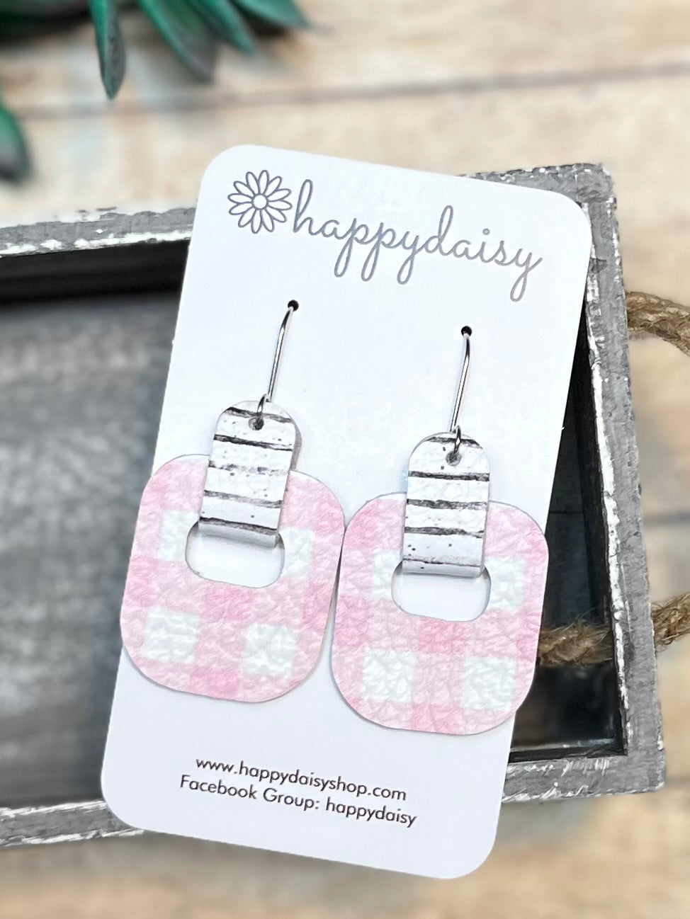 Pink and White Spring or Summer Plaid Leather Earrings