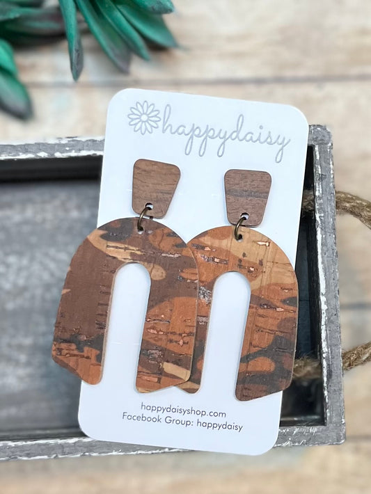 Camouflage Brown and Tan Cork on Leather Arch Stud Earrings