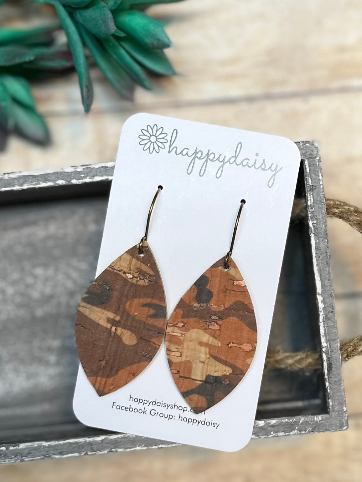 Camouflage Brown and Tan Cork on Leather Leaf Earrings