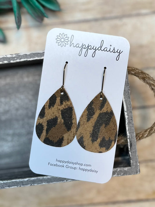 Animal Leopard Print Black Brown Tan Suede Leather Teardrop Earrings