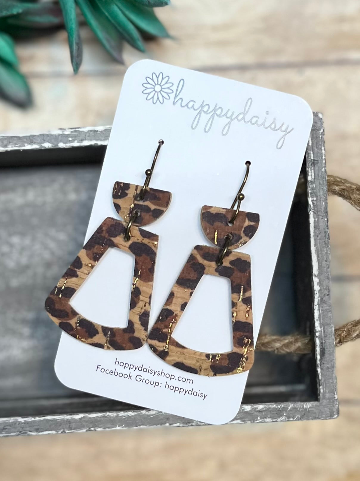 Animal Leopard Print Brown Cork on Leather Geometric Earrings