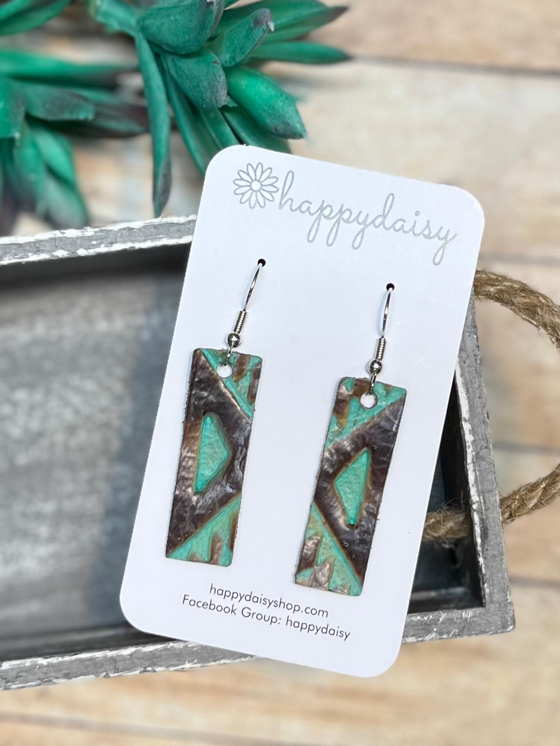 Turquoise and Brown Embossed Leather Bar Earrings