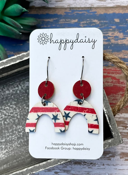 Patriotic Red, White, & Blue Cork on Leather Arch Earrings