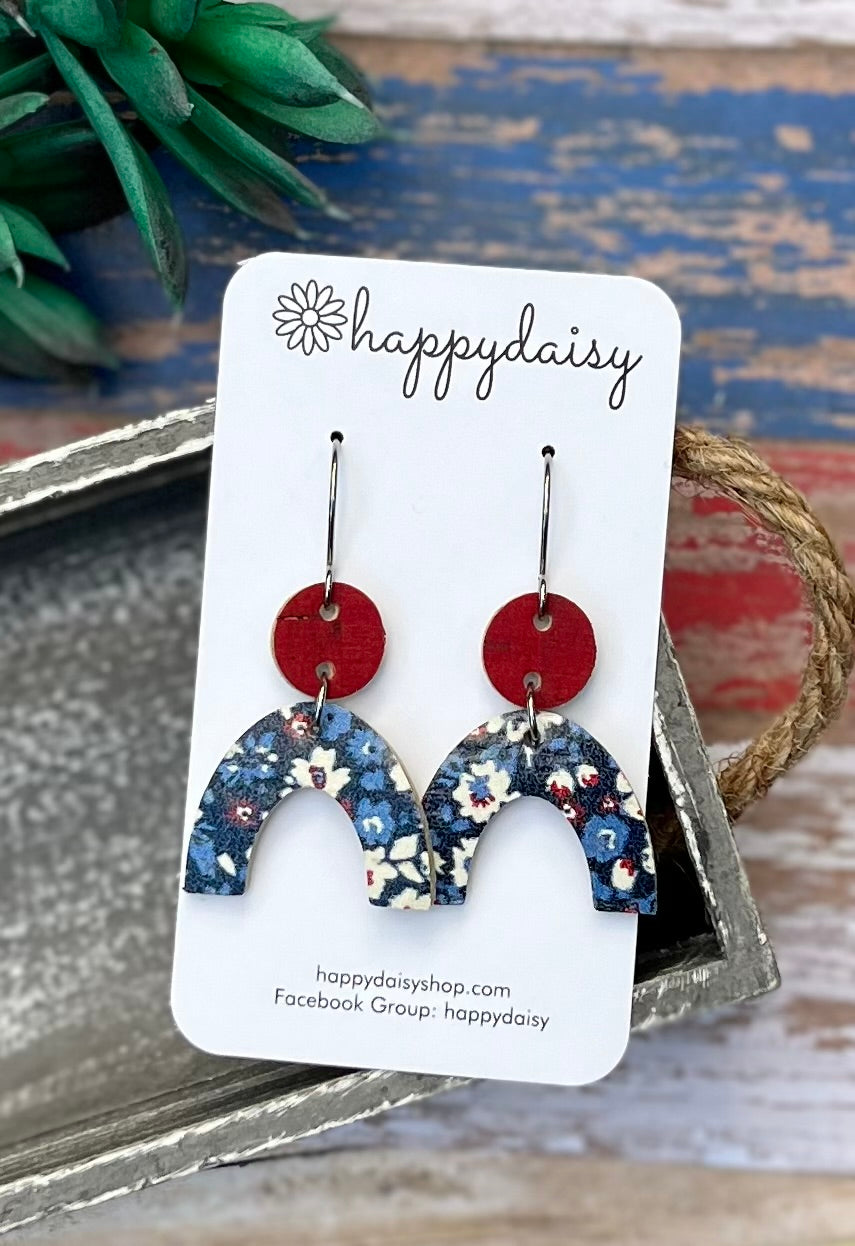 Patriotic Red, White, & Blue Floral Print Cork on Leather Arch Earrings