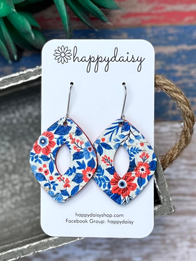 Patriotic Blue & Red Floral "Jenn" Cork on Leather Earrings