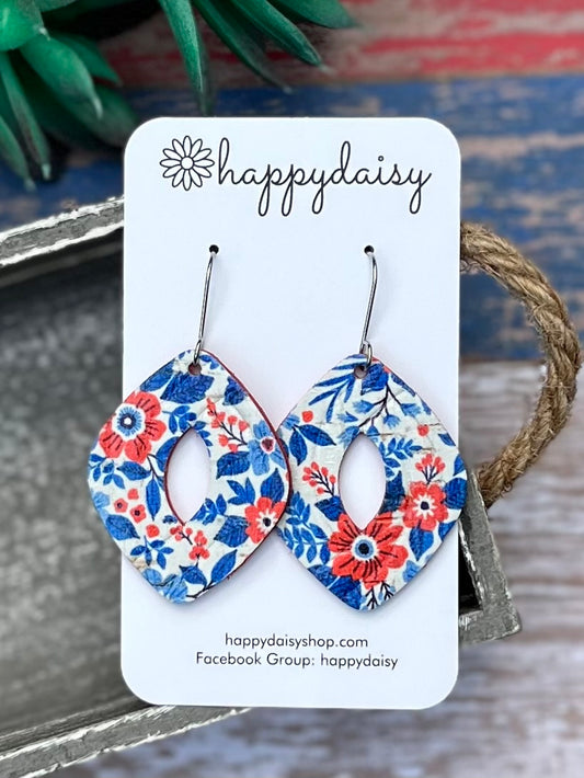 Patriotic Blue & Red Floral "Jenn" Cork on Leather Earrings