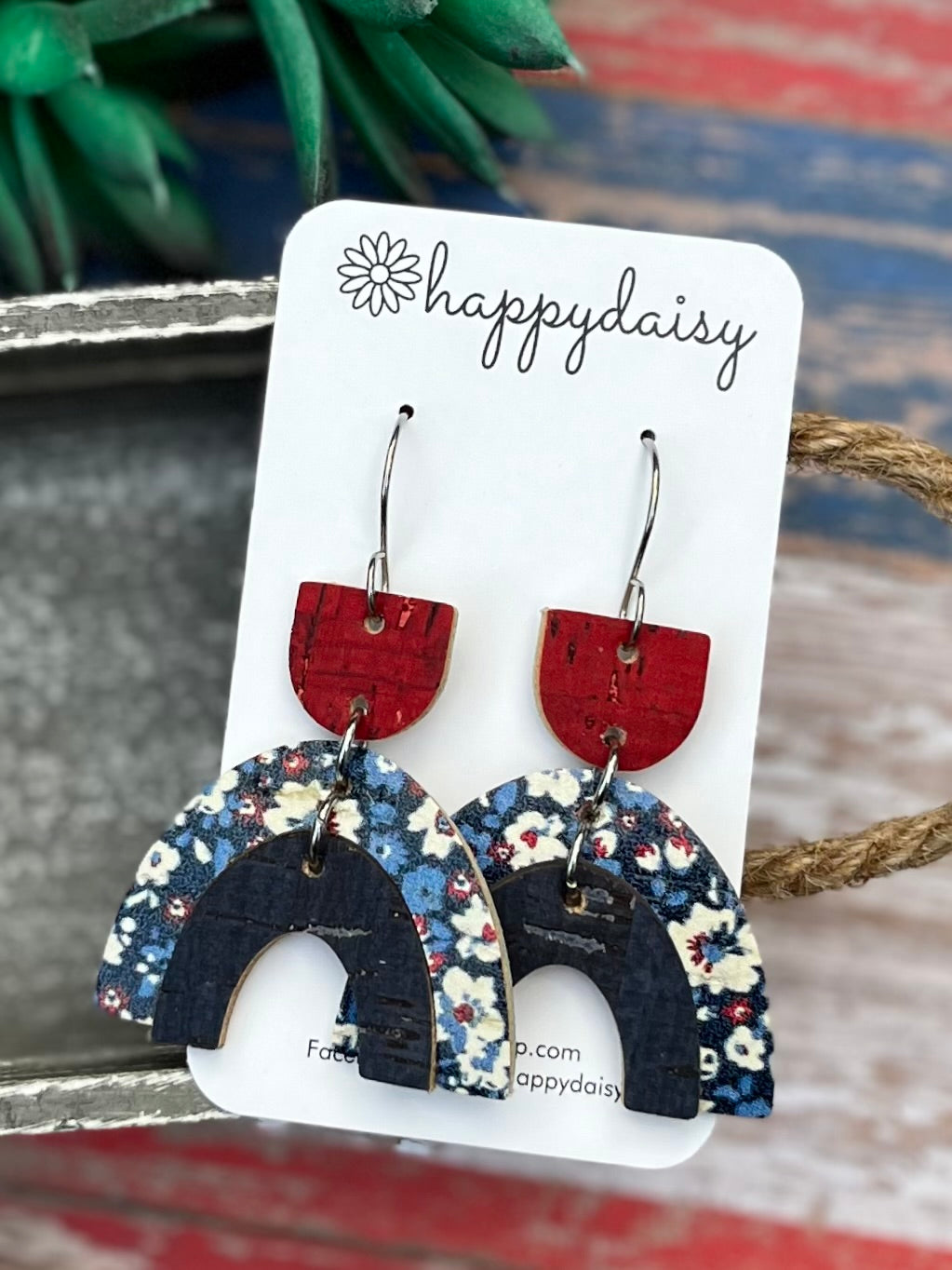 Patriotic Red White Blue Floral Cork on Leather Double Arch Earrings - Style 1